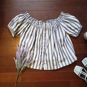 ZARA - Striped Off Shoulder Button Up Top